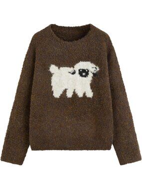 Cozy Oversized Wool Blend Sweater for Women | Cute Sheep Pattern Pullover